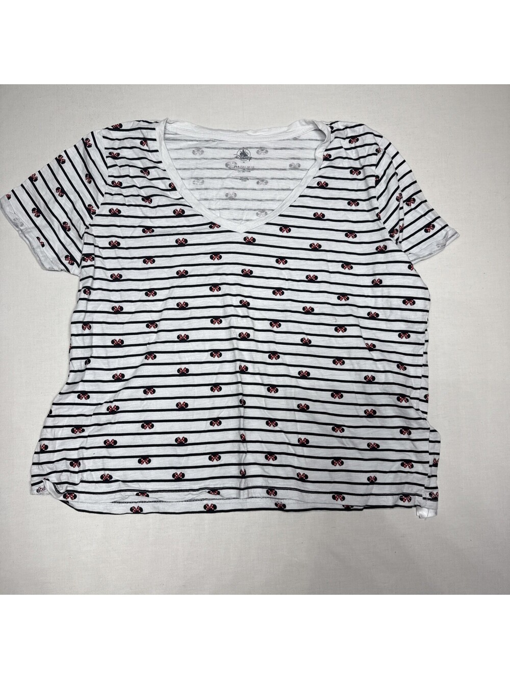 Minnie Mouse Shirt Women XL Disney Ears Bow Stripe V Neck Work Party Core